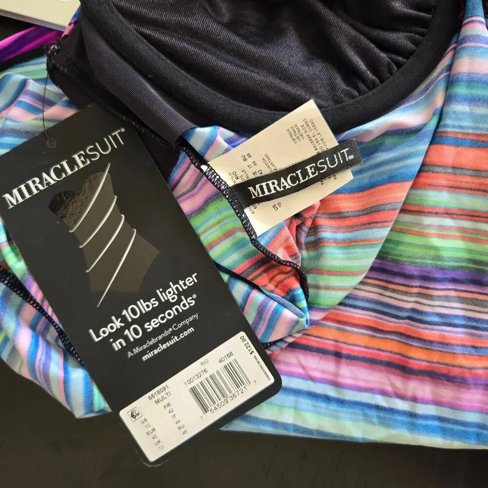 NWT Miraclesuit Rio Tankini Top Swim Rainbow Striped Underwire Slimming Women 10